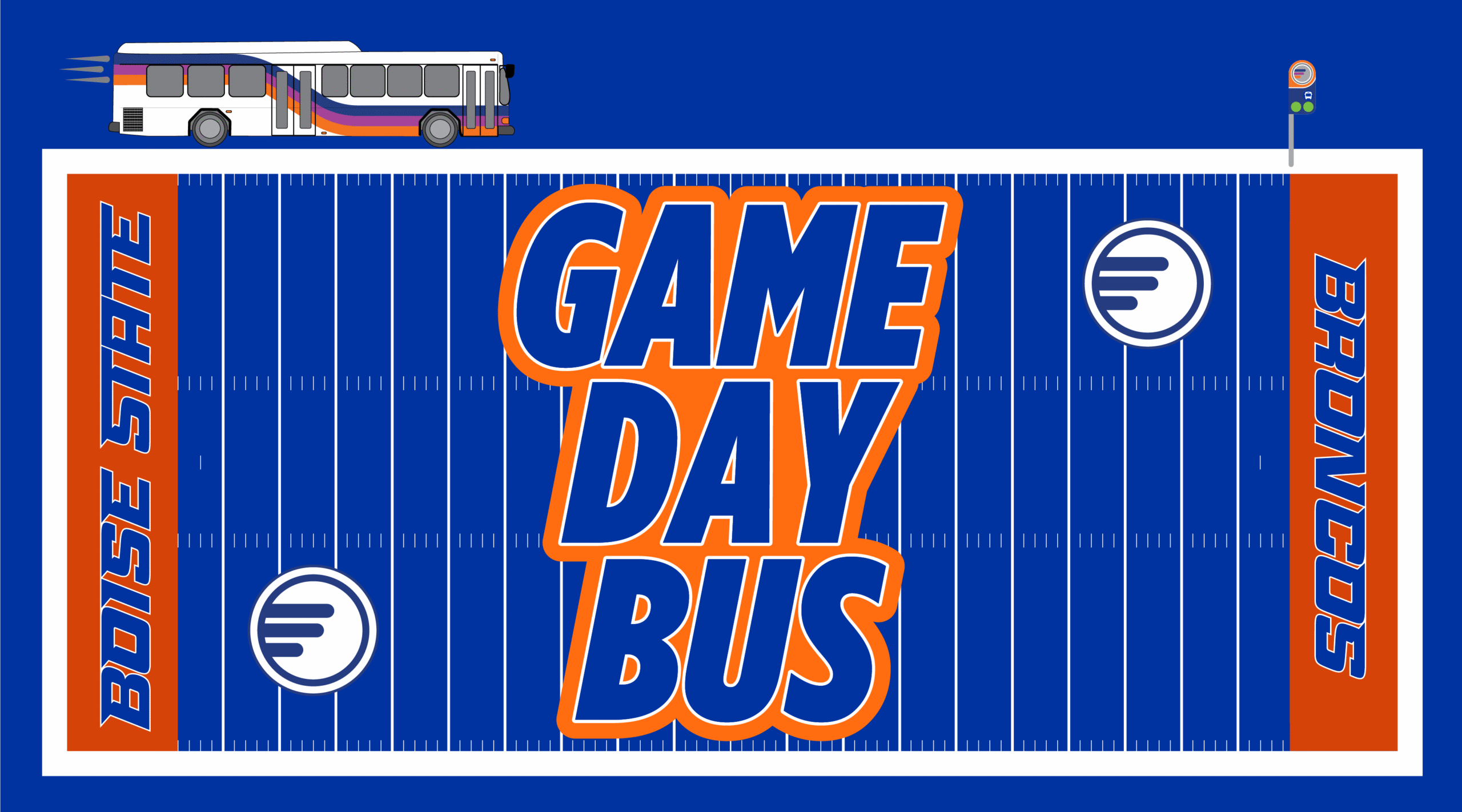 Header text reading "Game Day Bus" on The Blue Bronco Stadium field